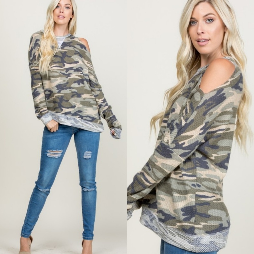 Amazing camo cold shoulder waffle top - Picture 5 of 7